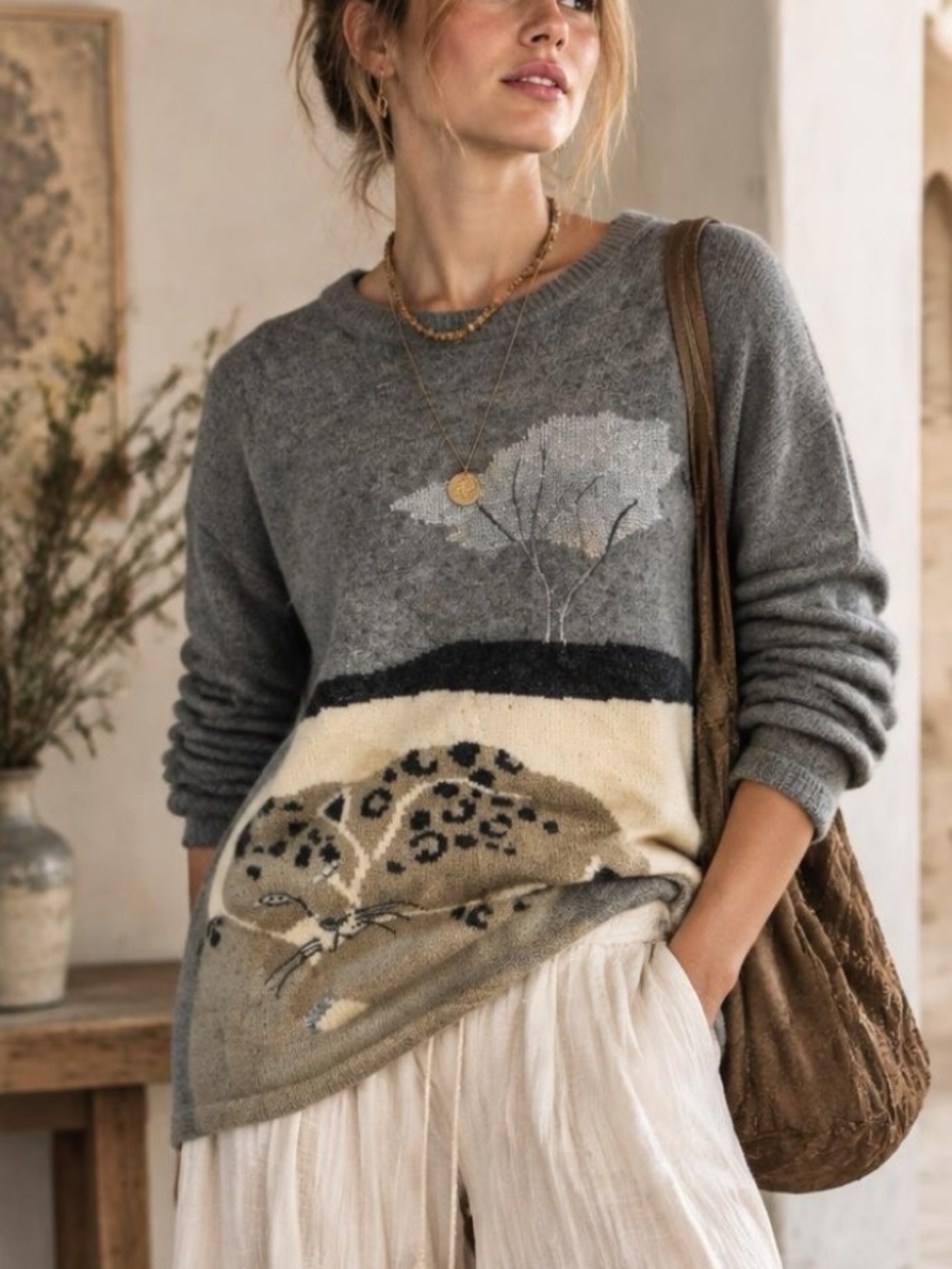 Yessica Angora Lambswool Leopard Cat 80s Sweater Women’s Large